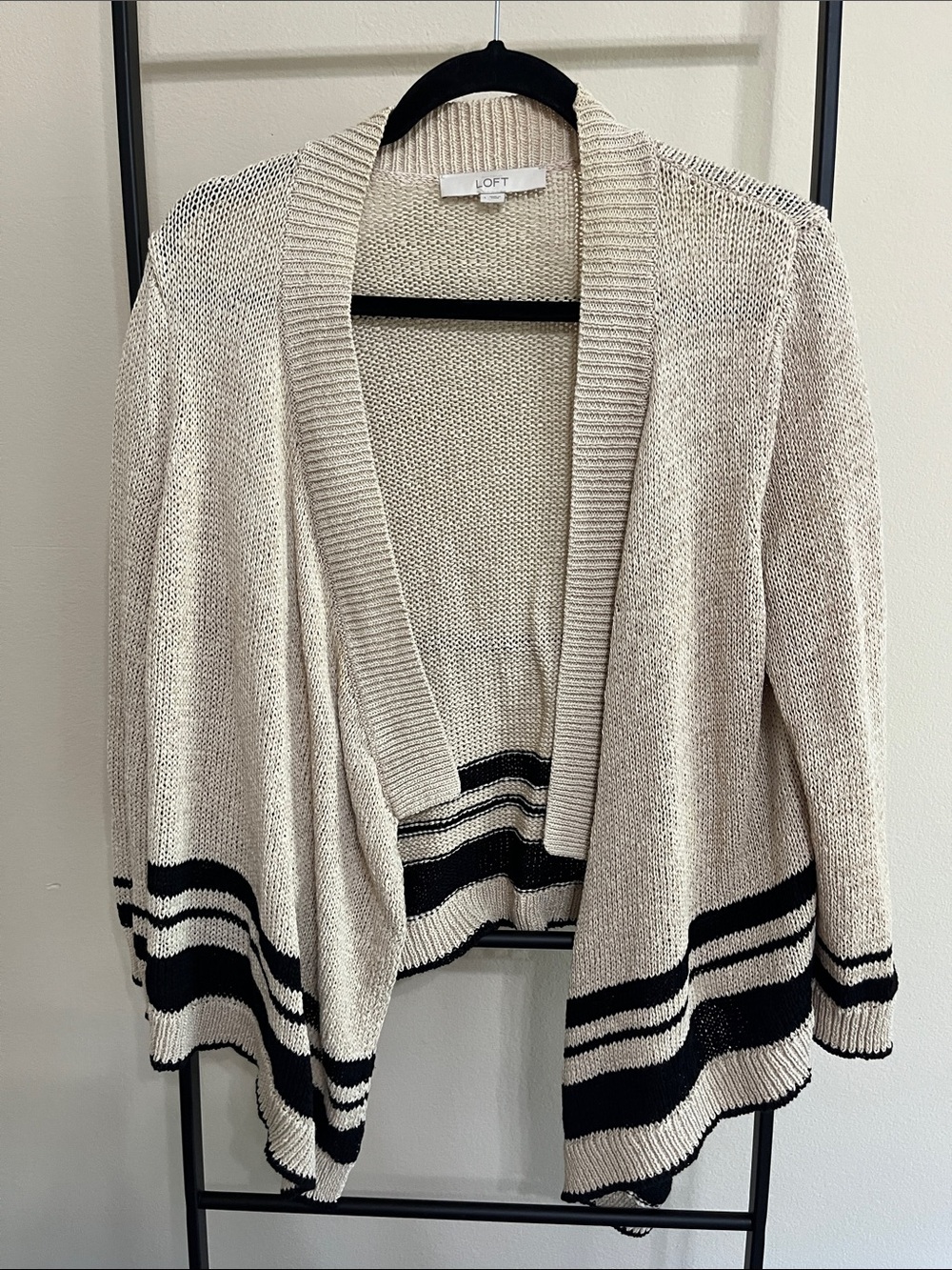 LOFT Open Front Cardigan Sweater Linen Blend Striped Trim Beige Size L Layering